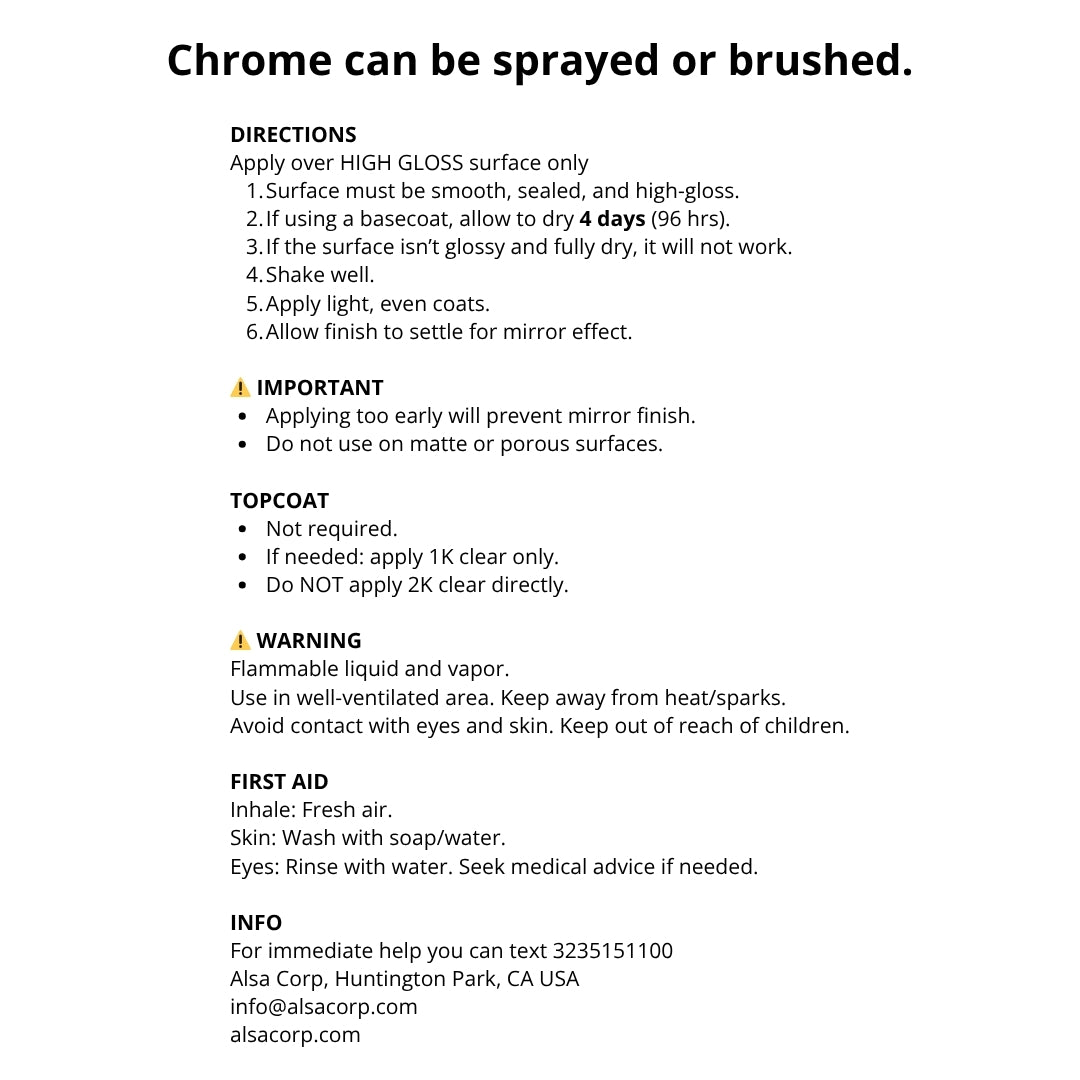 Genuine Alsa Chrome Paint Pint Kit 250 sq ft - True Mirror Finish - Scratch Resistant with No Topcoat Needed Guaranteed